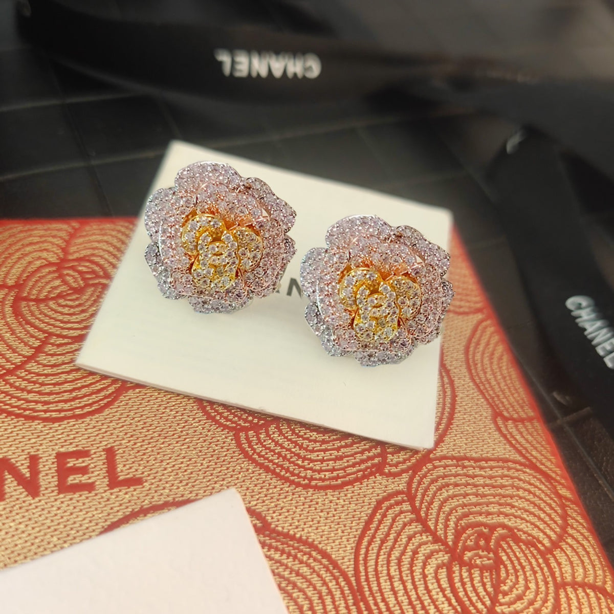 tricolor crystal floral Stud Earrings for women - alternate angle view 7