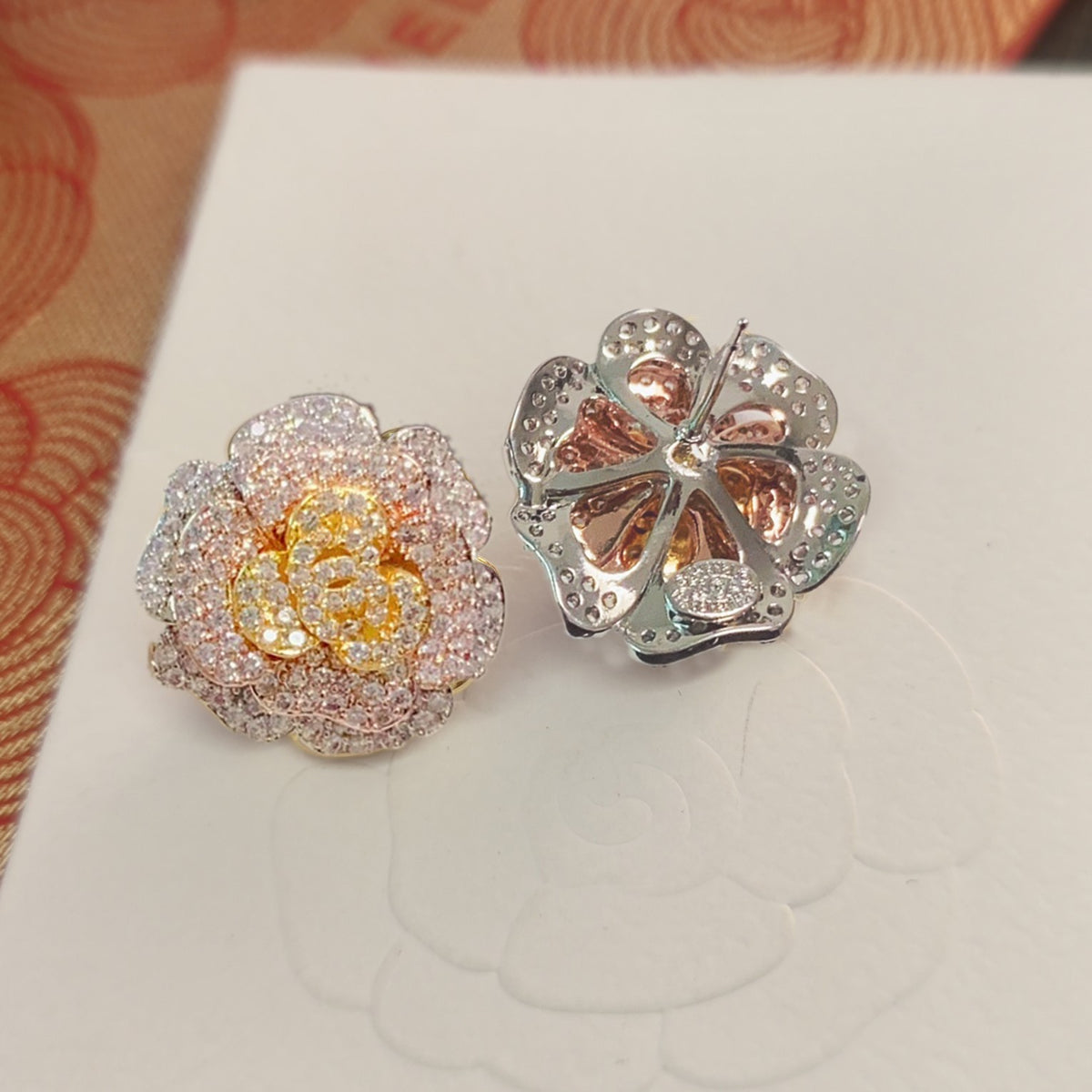 tricolor crystal floral Stud Earrings for women - alternate angle view 5