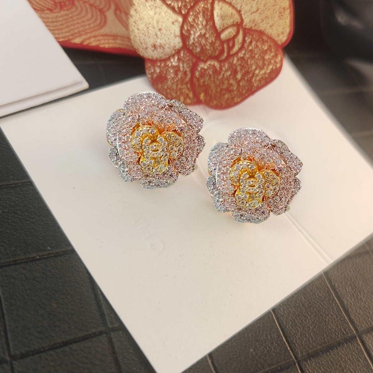 tricolor crystal floral Stud Earrings for women - alternate angle view 3