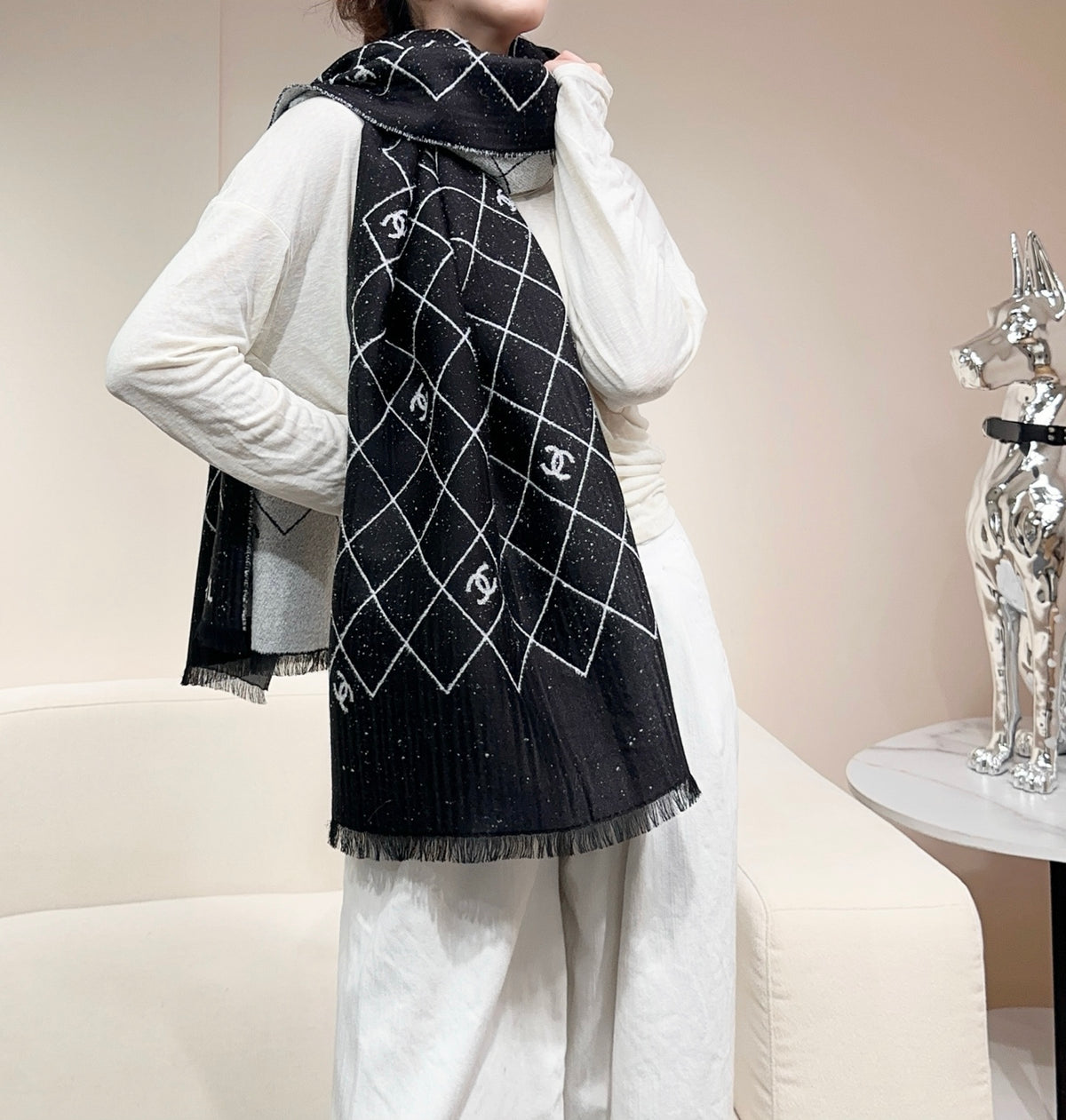 gray wool floral Shawl for women - alternate angle view 2
