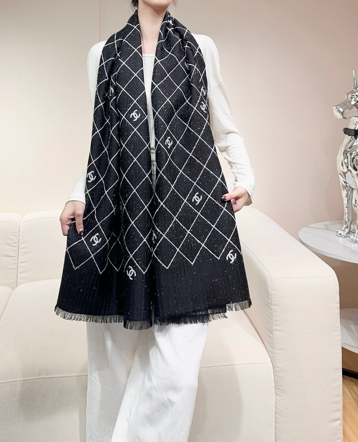 gray wool floral Shawl for women - product detail view
