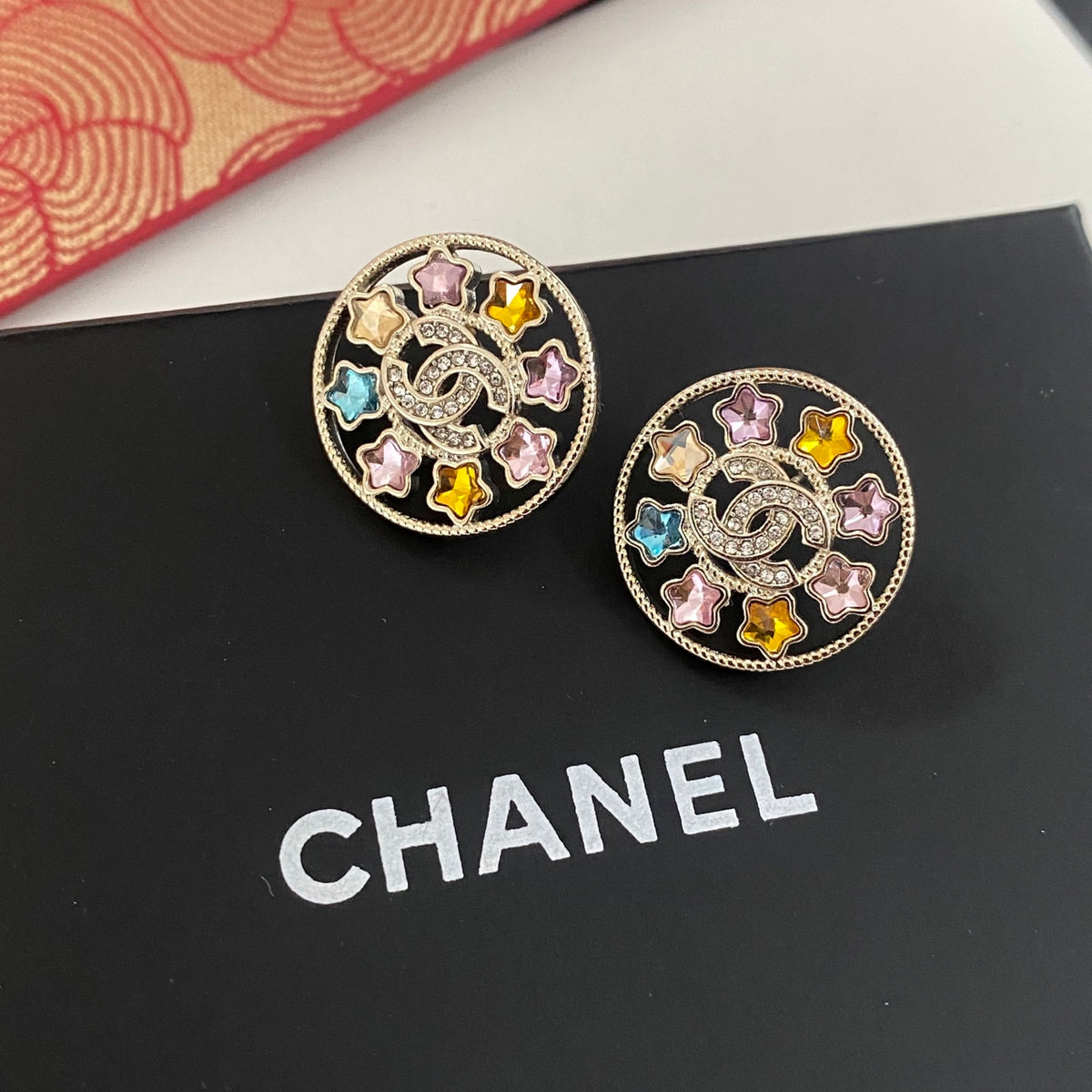 gold crystal letter Drop Earrings for women - product detail view