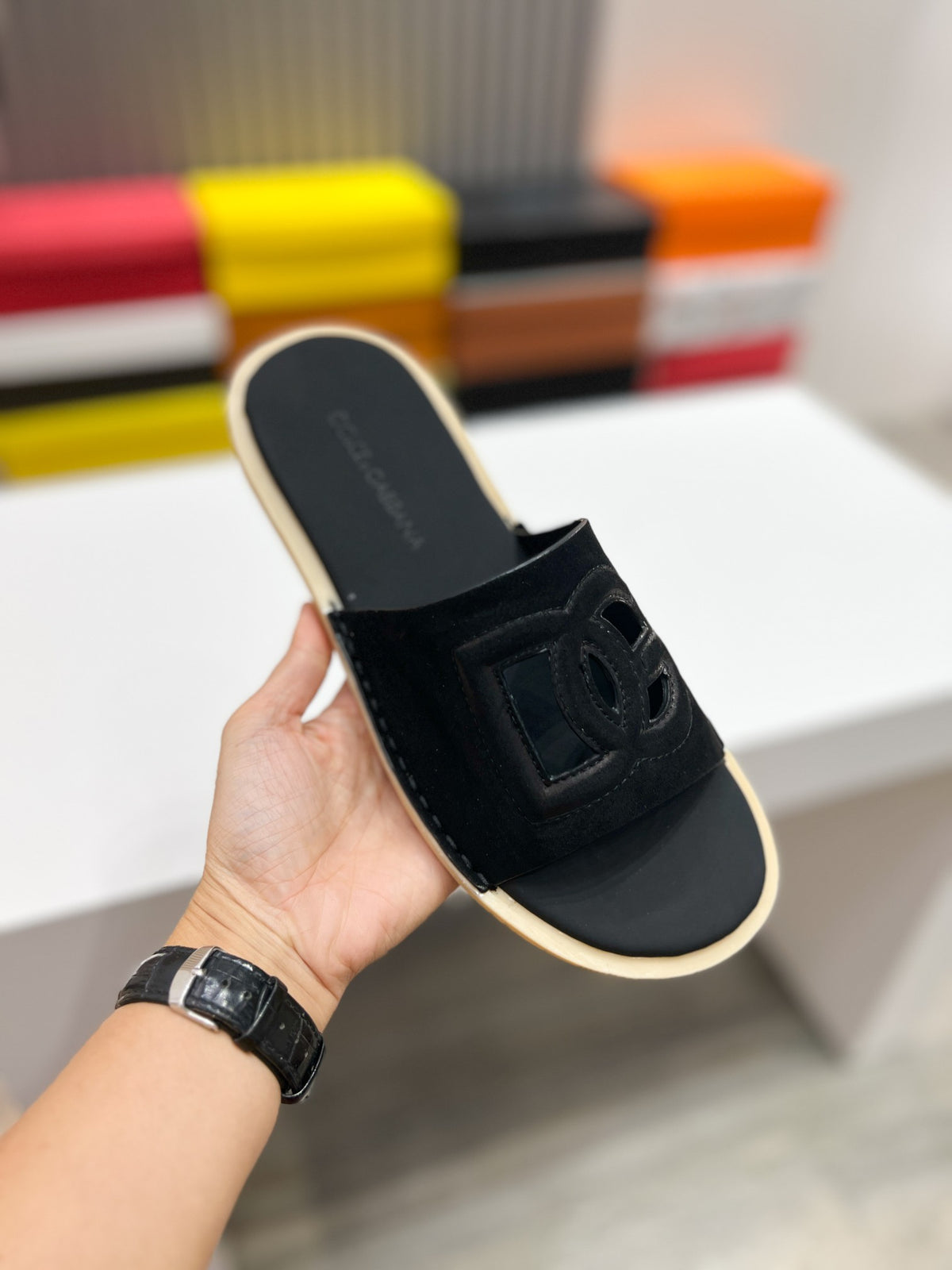 Dolce & Gabbana DG Men's Leather Strap Sandals with Aluminum Buckle