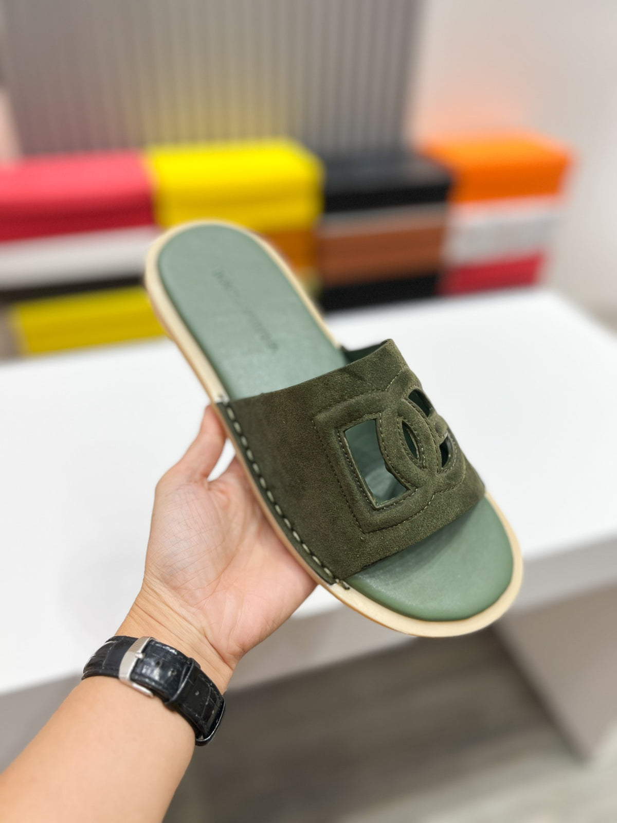 Dolce & Gabbana DG Men's Leather Strap Sandals with Aluminum Buckle