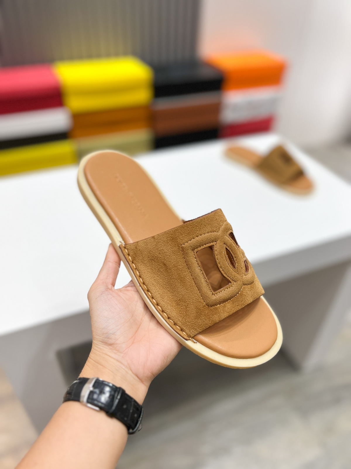 Dolce & Gabbana DG Men's Leather Strap Sandals with Aluminum Buckle