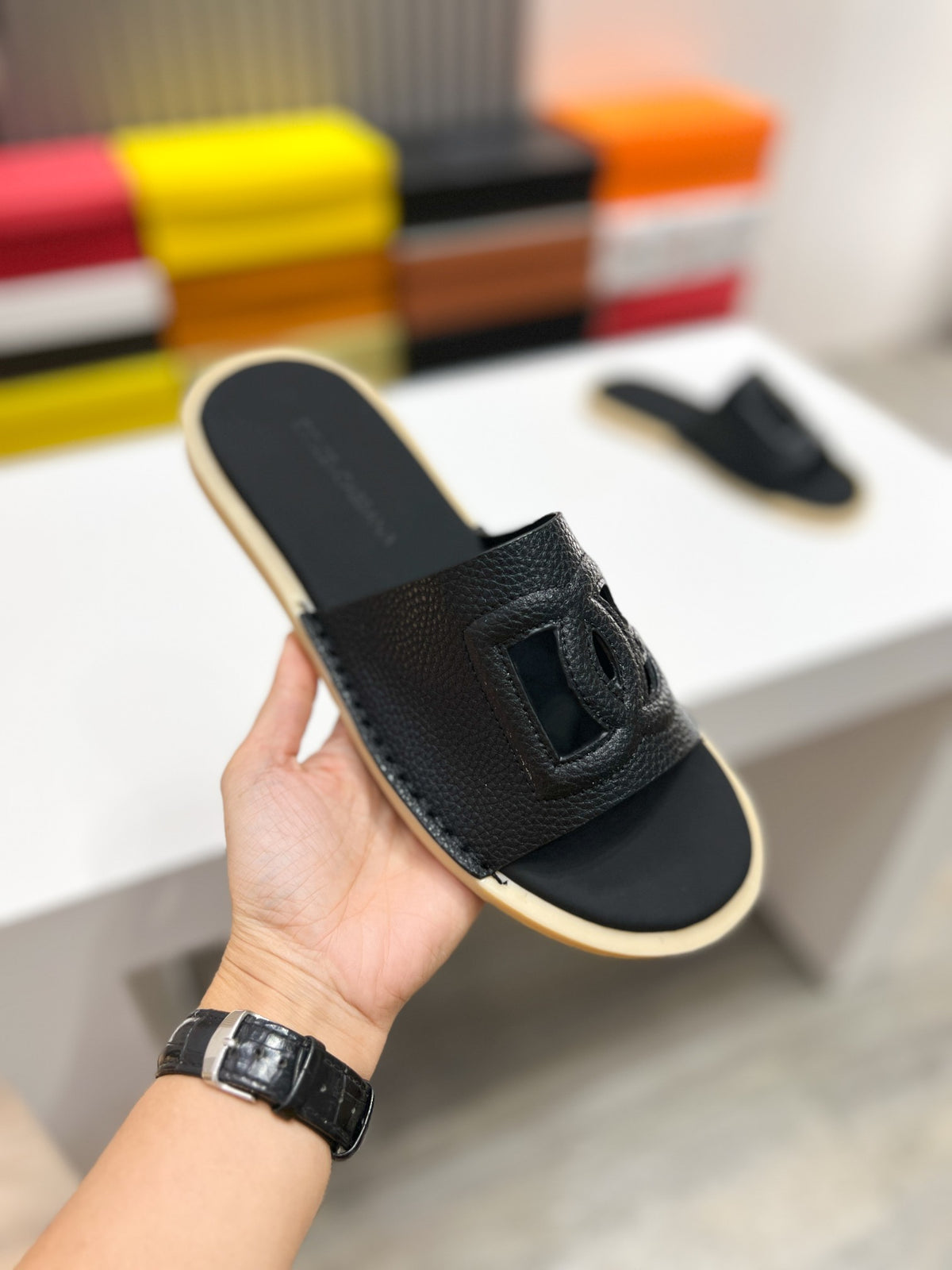 Dolce & Gabbana DG Men's Leather Strap Sandals with Aluminum Buckle