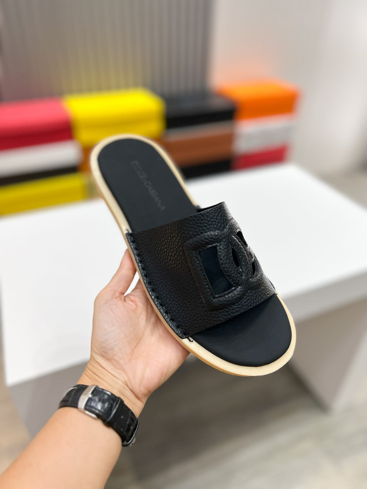 Dolce & Gabbana DG Men's Leather Strap Sandals with Aluminum Buckle