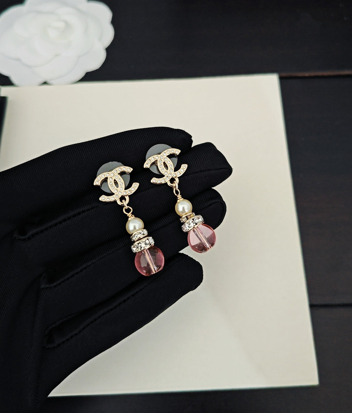 pink brass Drop Earrings for women - alternate angle view 3