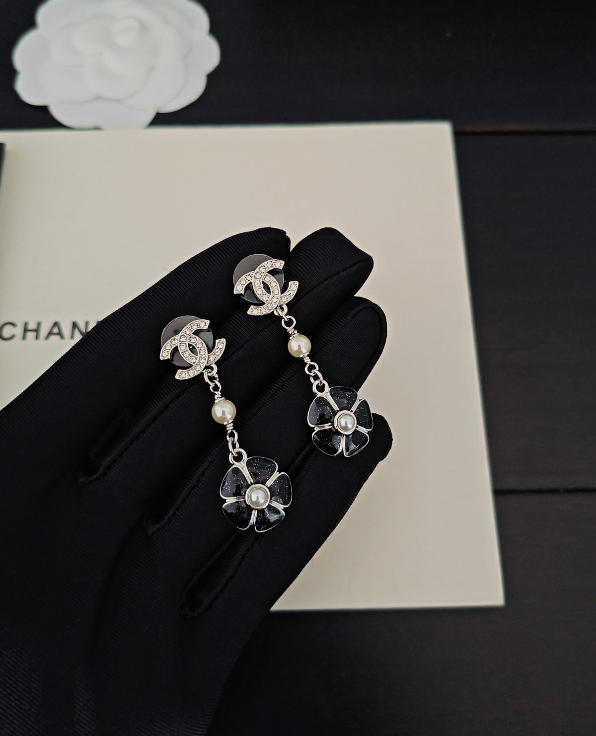black brass floral Drop Earrings for women - alternate angle view 3