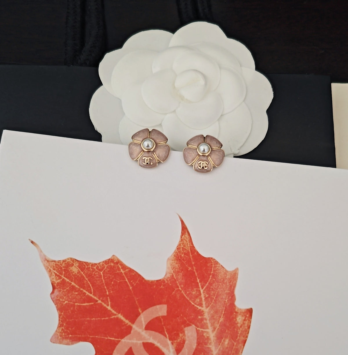 pink brass floral Stud Earrings for women - alternate angle view 5