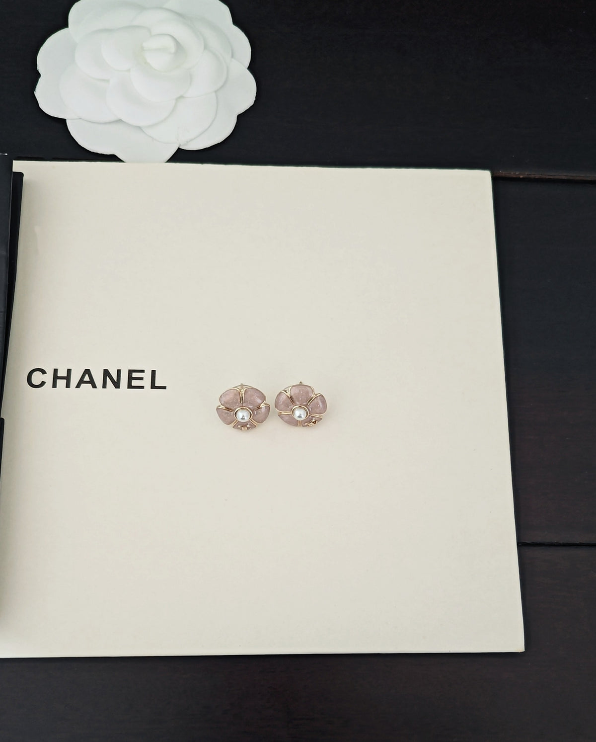 pink brass floral Stud Earrings for women - alternate angle view 4
