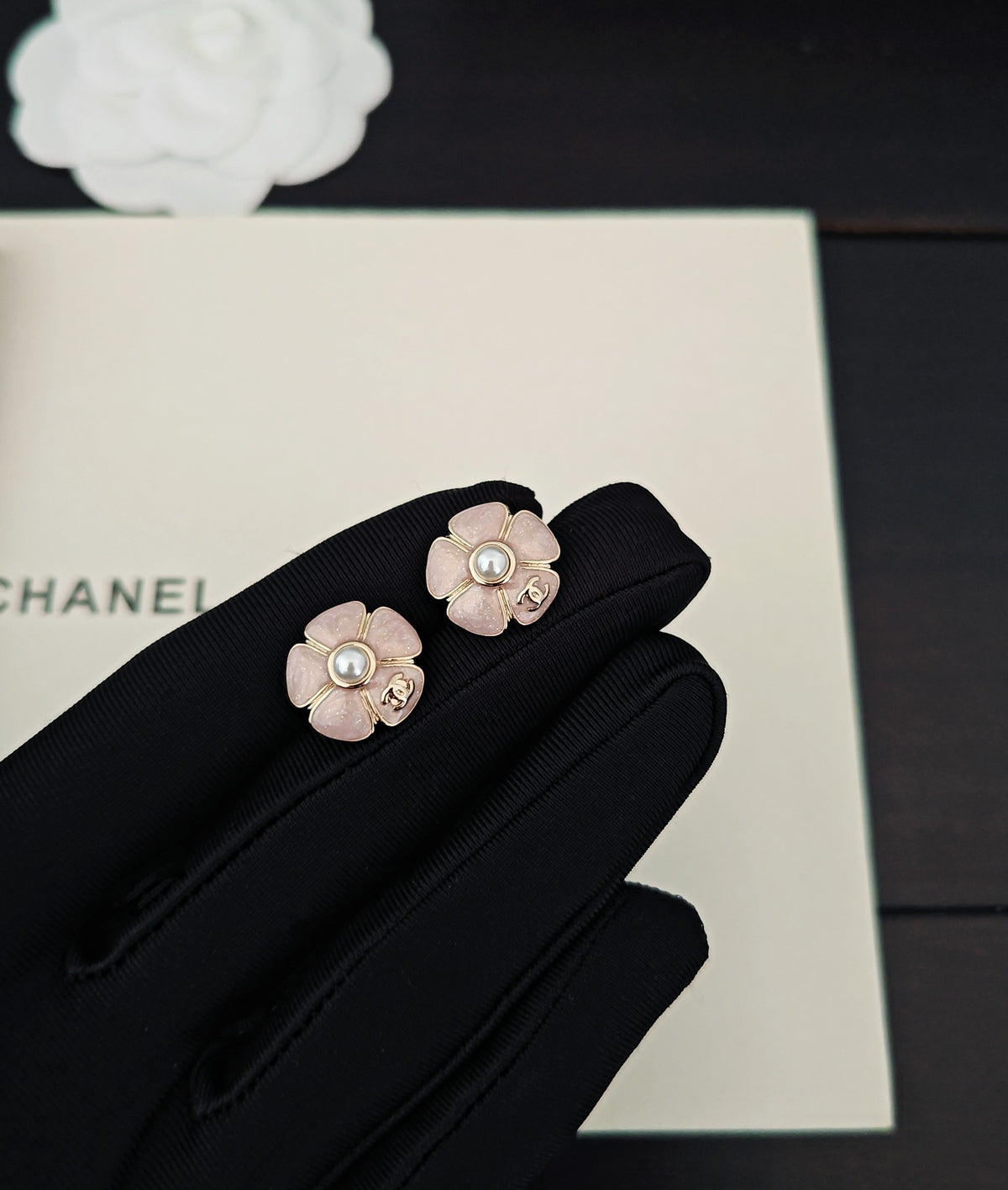 pink brass floral Stud Earrings for women - alternate angle view 3