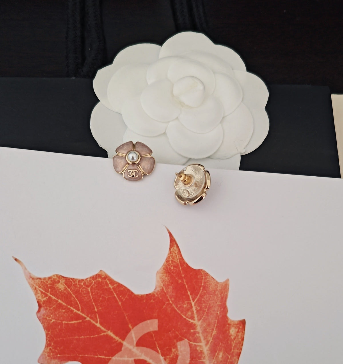 pink brass floral Stud Earrings for women - alternate angle view 6