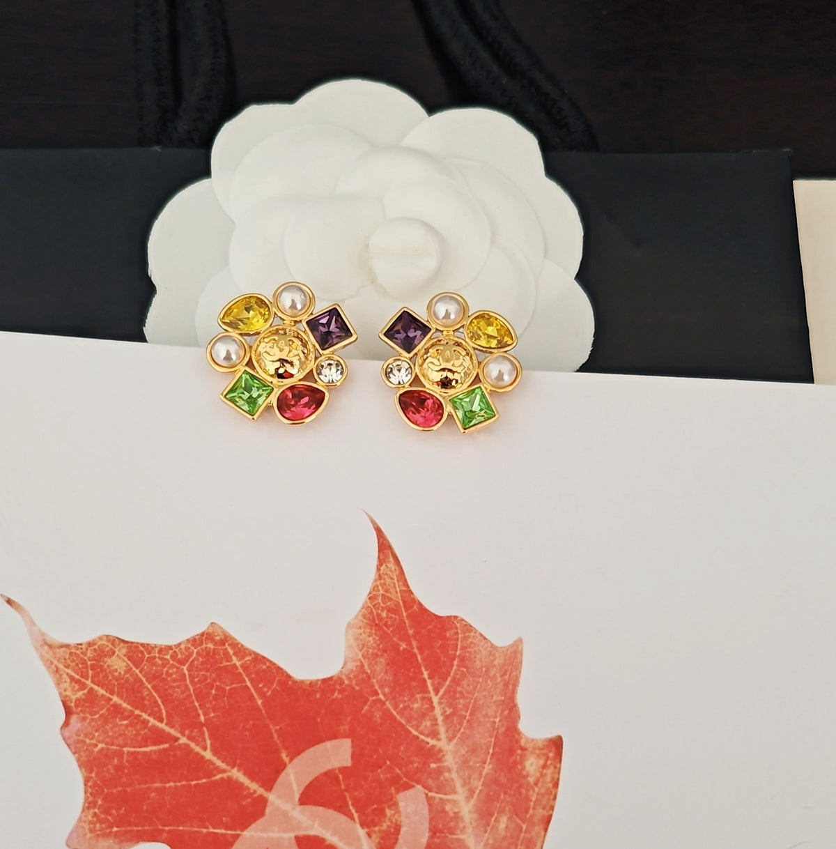 gold brass pearl Stud Earrings for women - alternate angle view 4