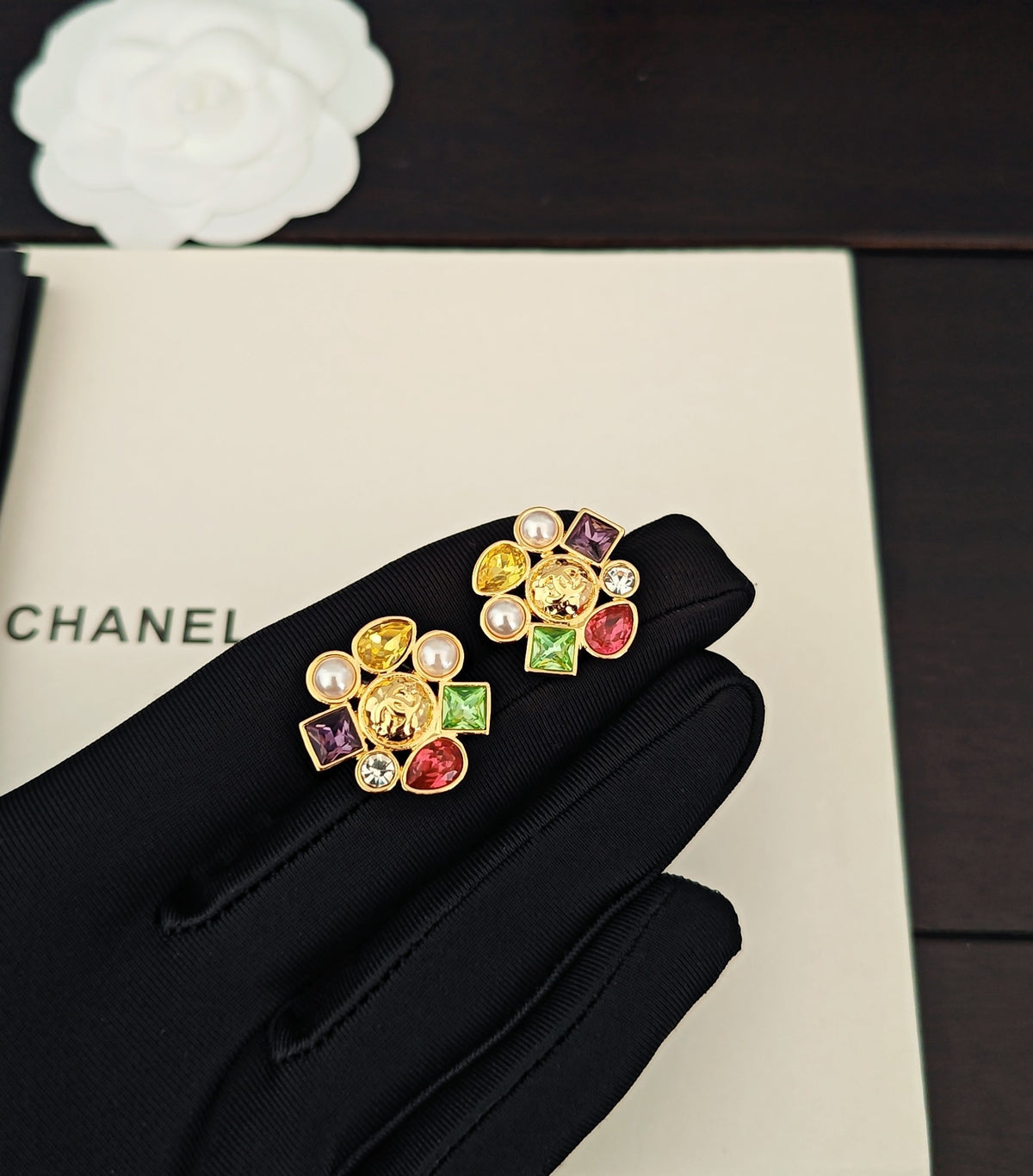 gold brass pearl Stud Earrings for women - product detail view