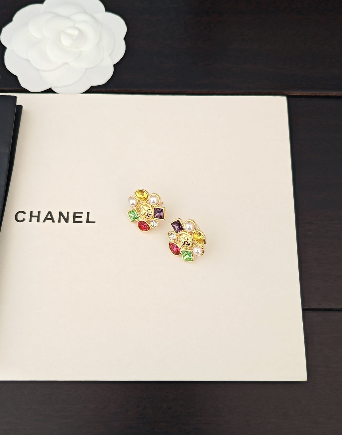 gold brass pearl Stud Earrings for women - alternate angle view 2