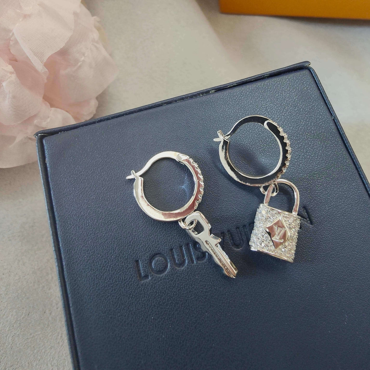 silver sterling silver key Drop Earrings for women - product detail view
