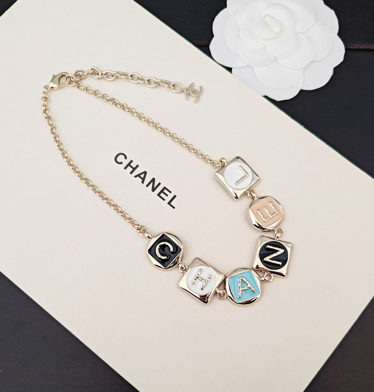 multicolor brass letter Necklace for women - alternate angle view 3