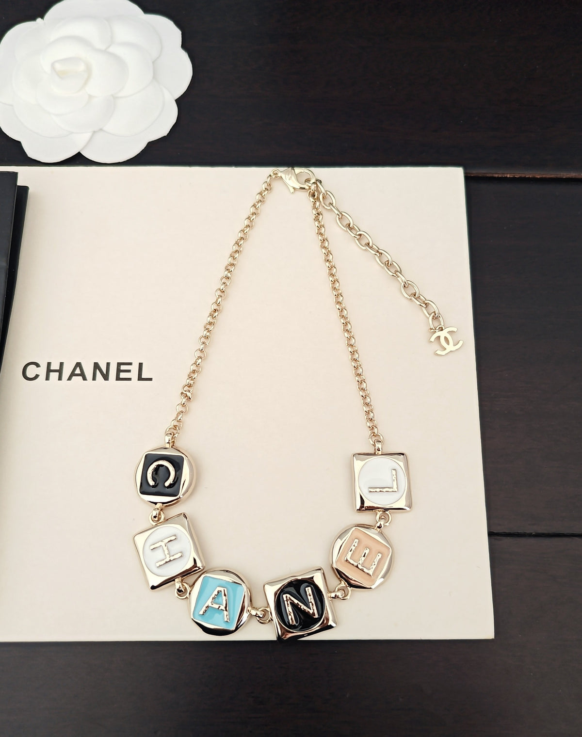 multicolor brass letter Necklace for women - alternate angle view 2