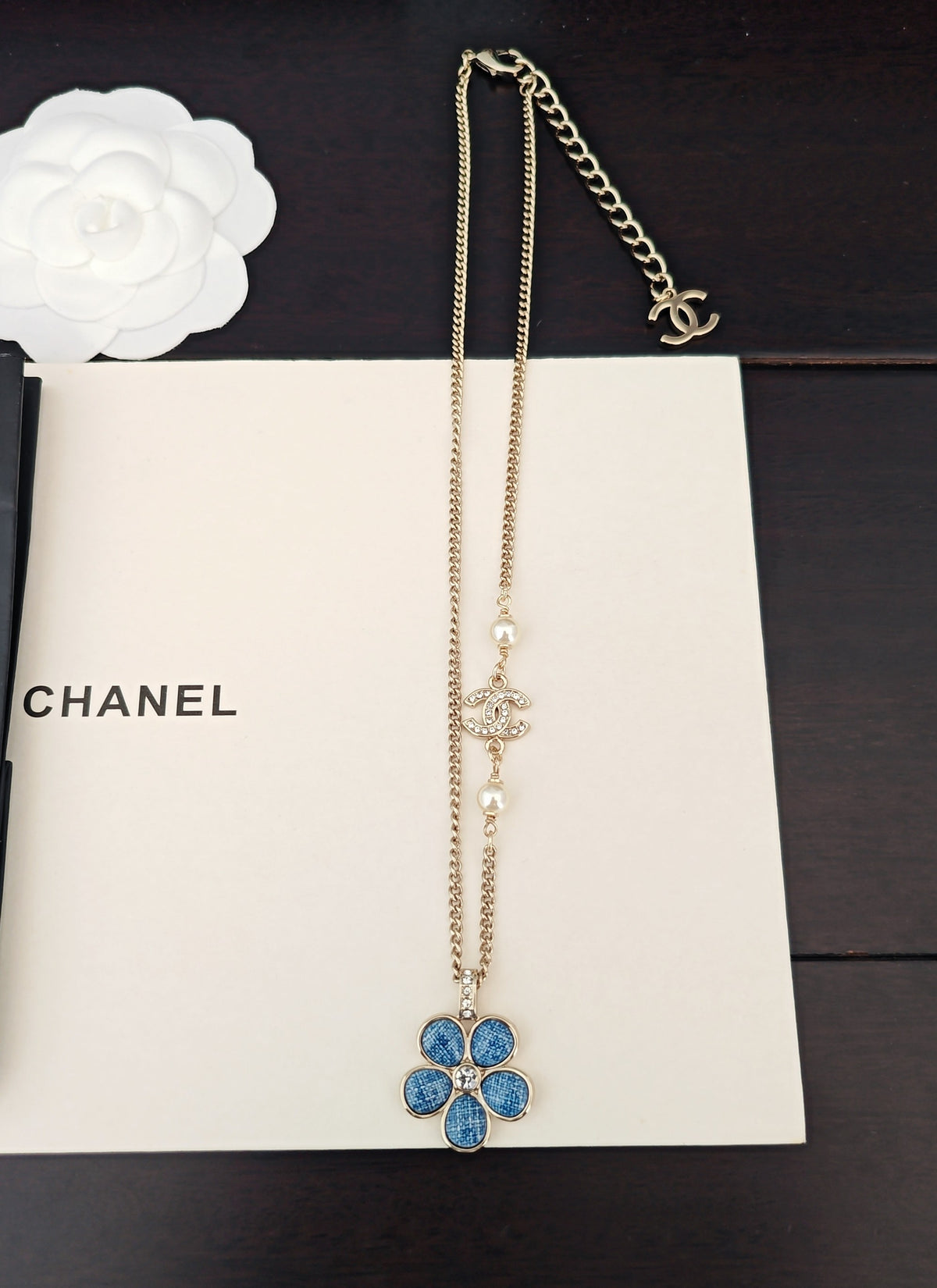 blue brass floral Necklace for women - alternate angle view 4