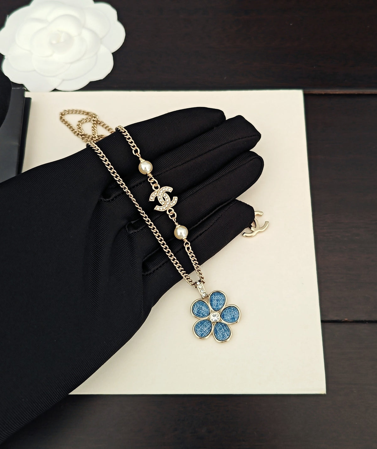 blue brass floral Necklace for women - product detail view