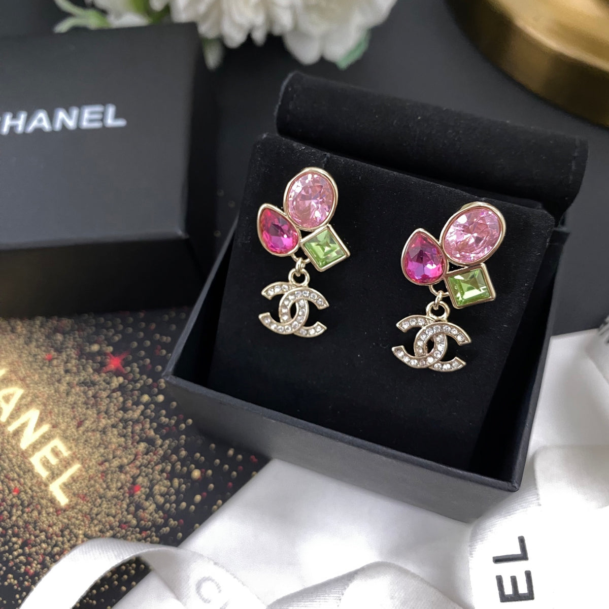 pink crystal letter Stud Earrings for women - alternate angle view 3