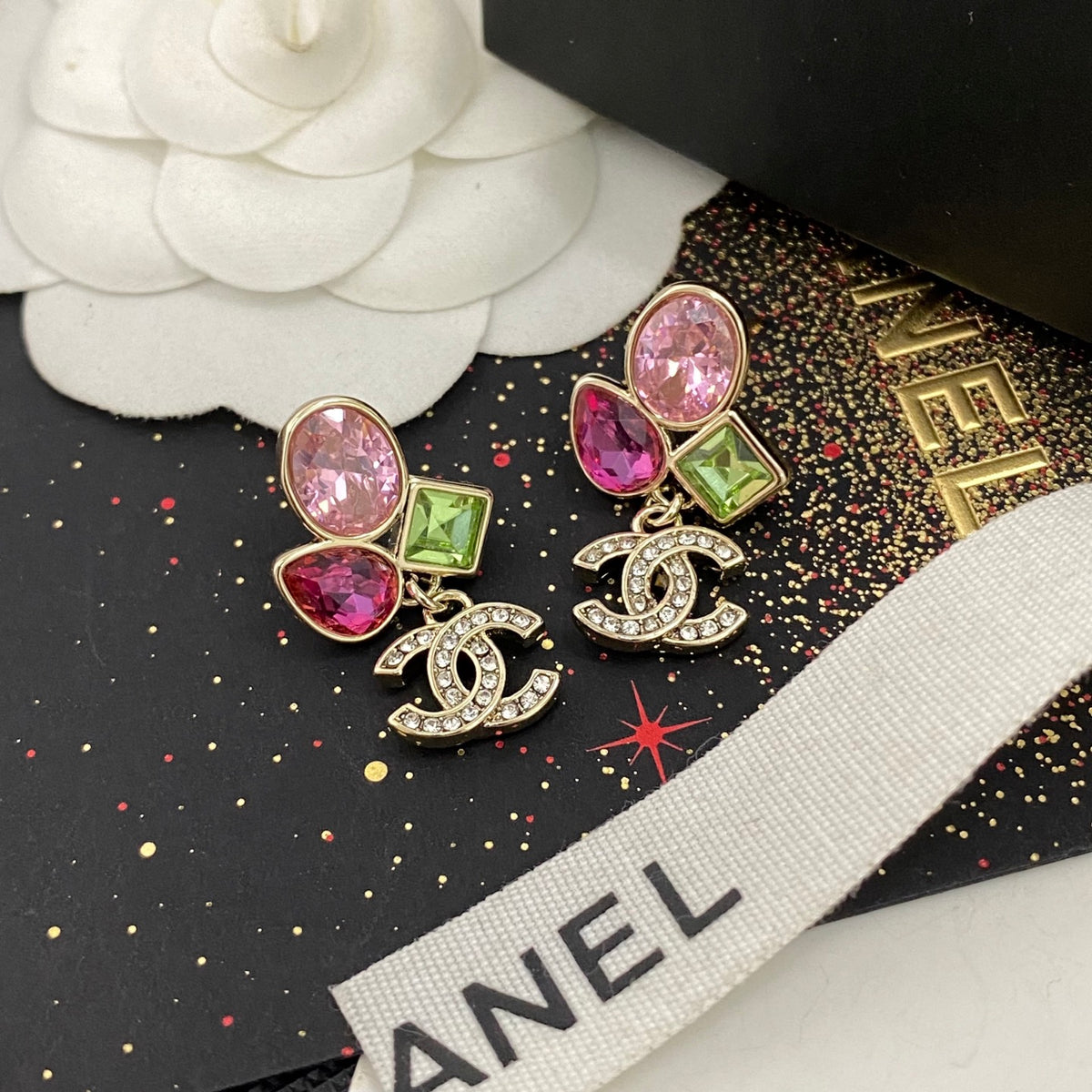 pink crystal letter Stud Earrings for women - product detail view