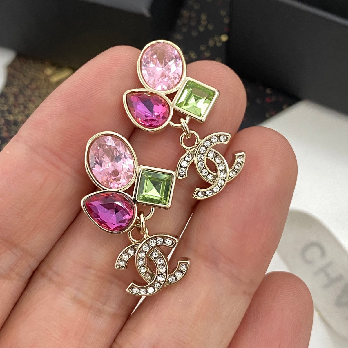 pink crystal letter Stud Earrings for women - alternate angle view 4