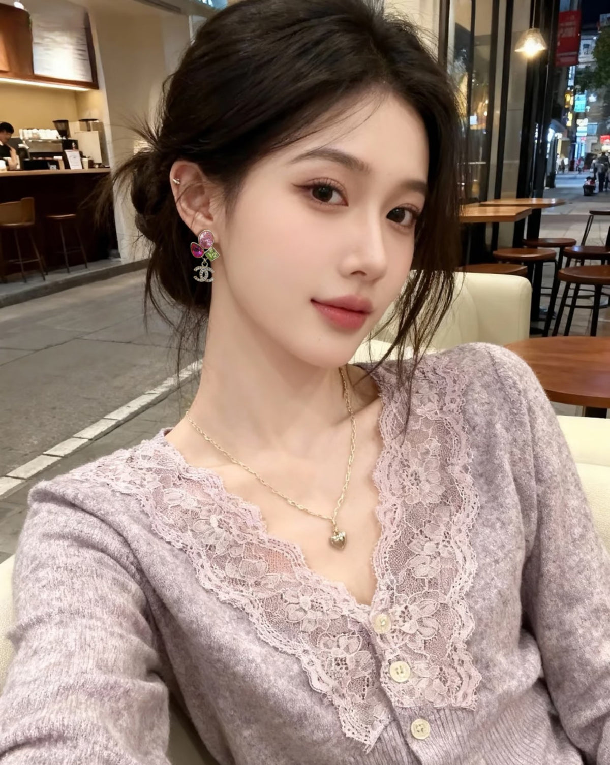 pink crystal letter Stud Earrings for women - alternate angle view 2