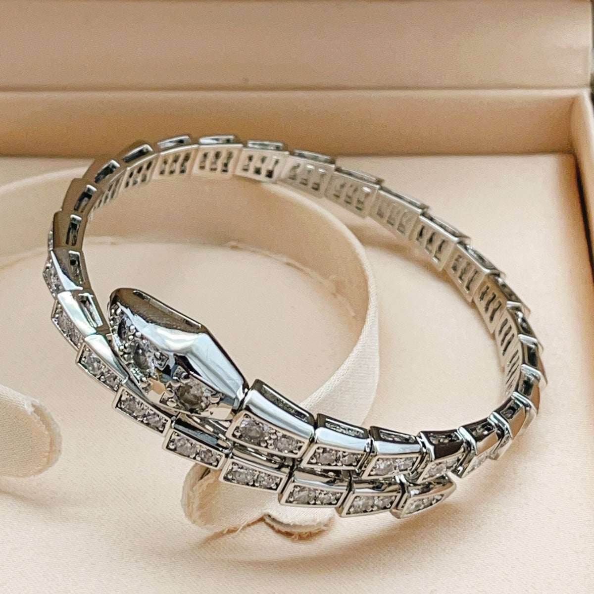 silver brass crystal inlaid Bangle for women - alternate angle view 2