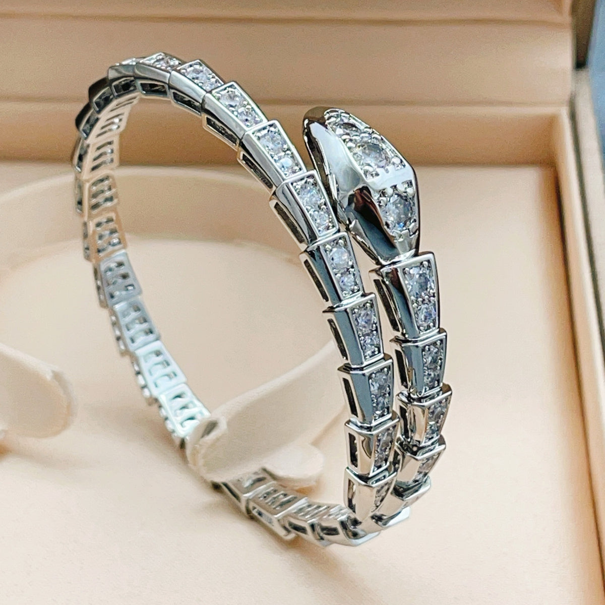 silver brass crystal inlaid Bangle for women - alternate angle view 4