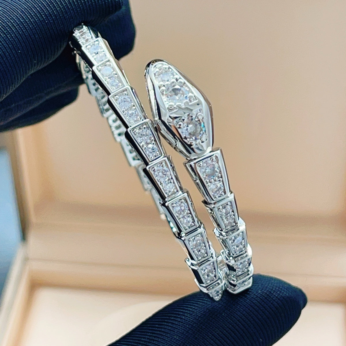 silver brass crystal inlaid Bangle for women - alternate angle view 6