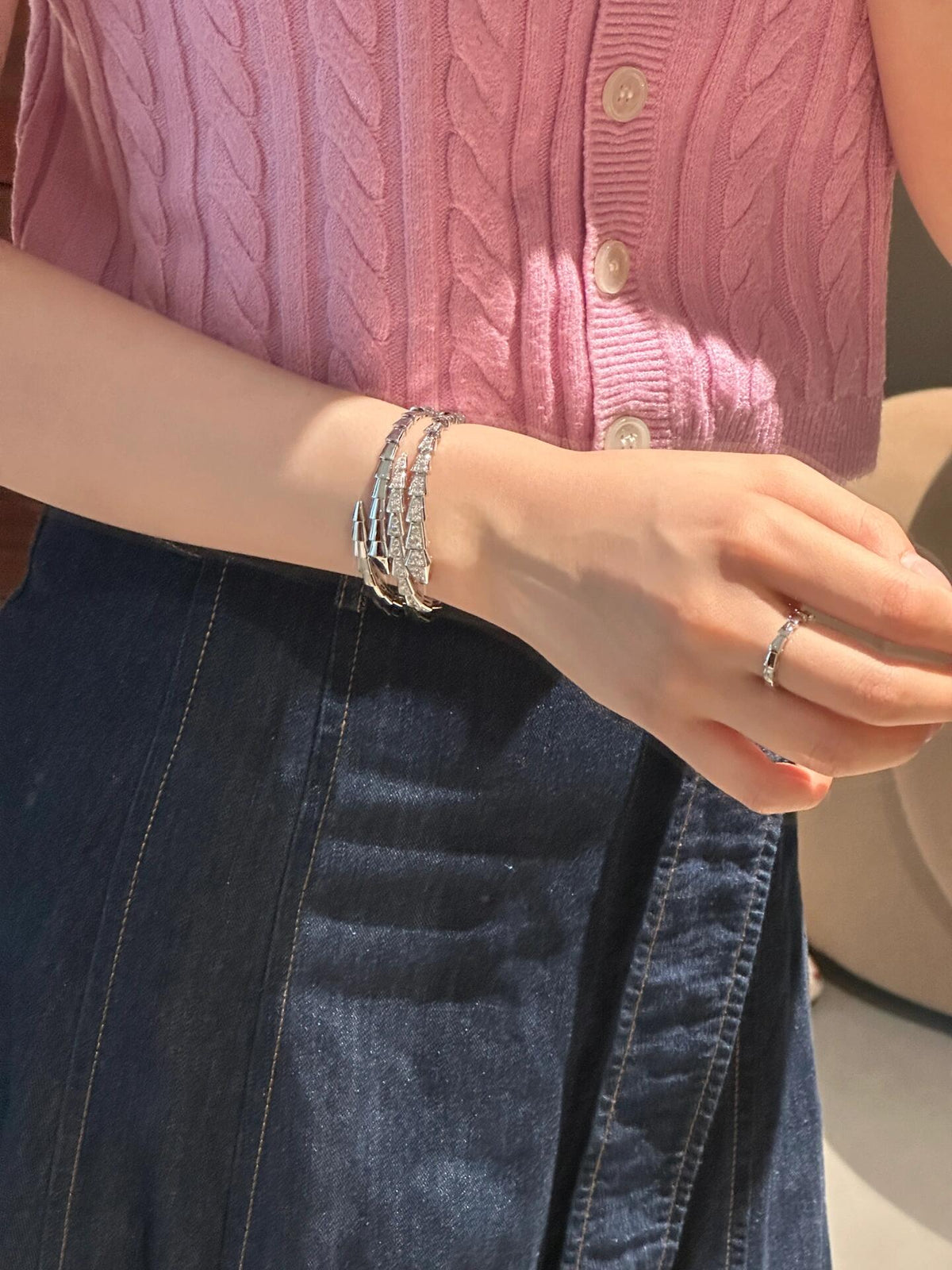 silver brass crystal inlaid Bangle for women - alternate angle view 9
