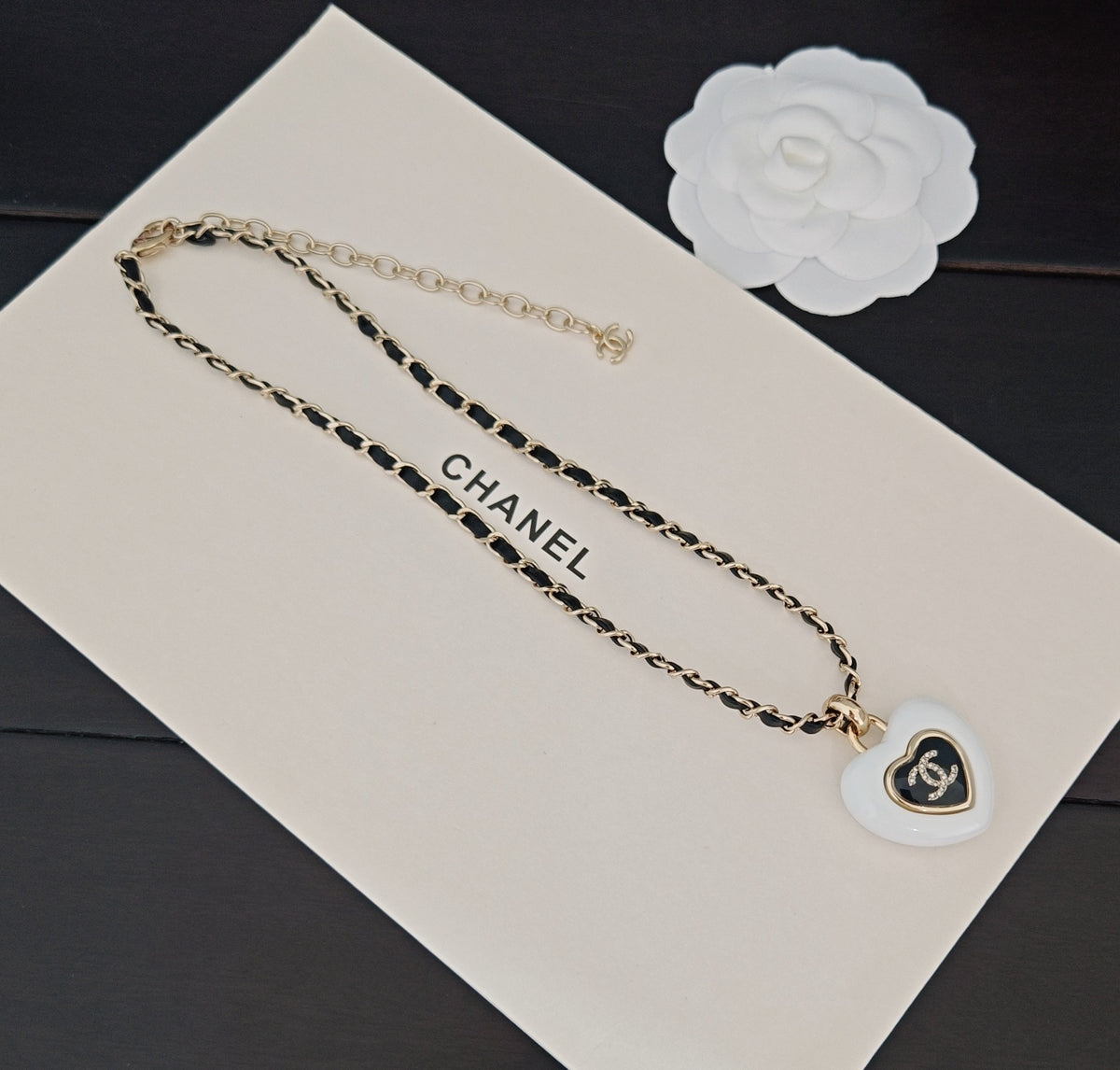black and white brass heart Necklace for women - alternate angle view 5
