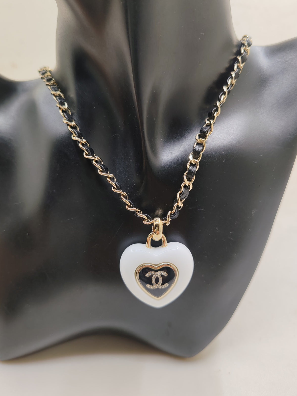 black and white brass heart Necklace for women - alternate angle view 2