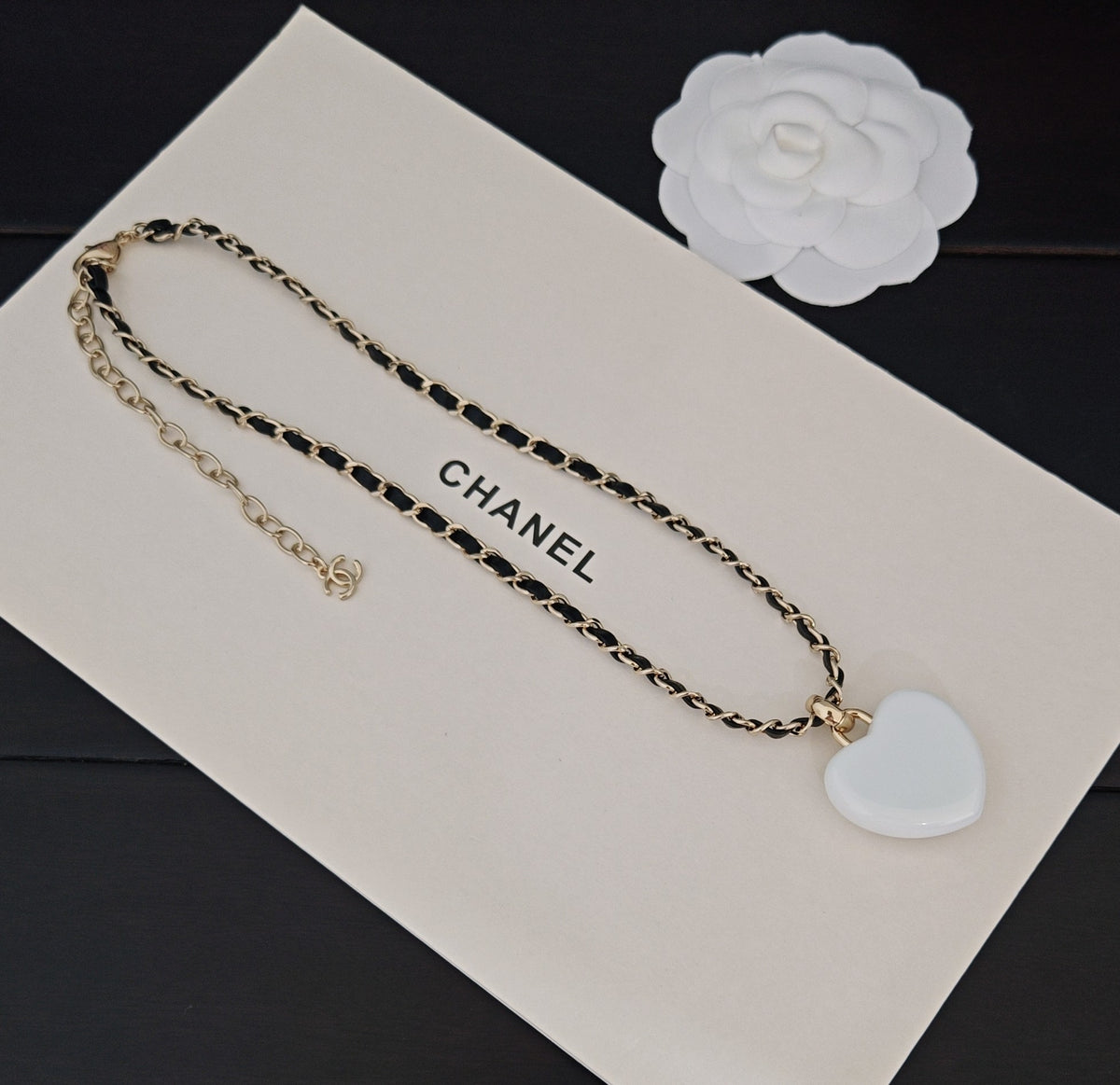 black and white brass heart Necklace for women - alternate angle view 4