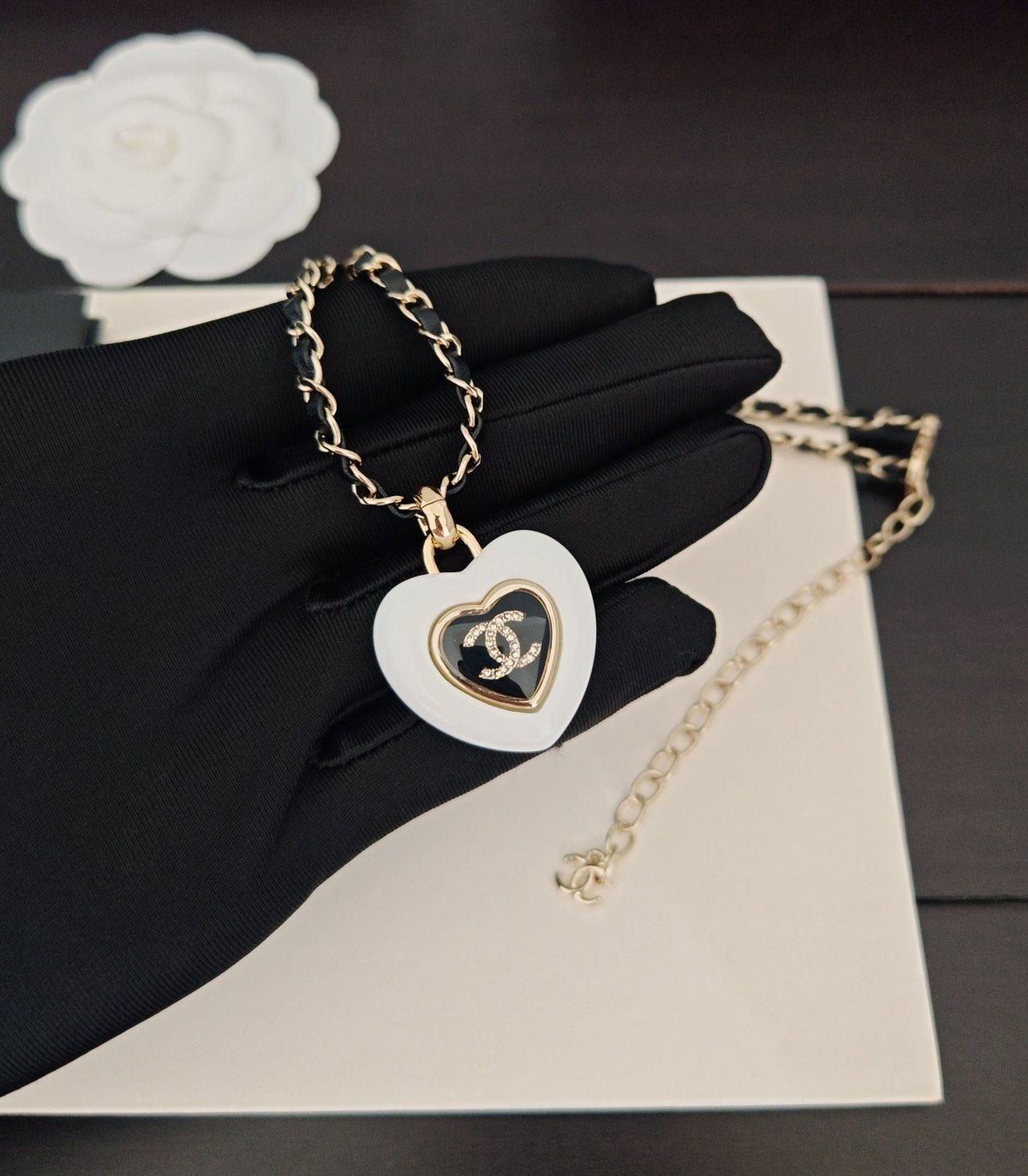 black and white brass heart Necklace for women - alternate angle view 3