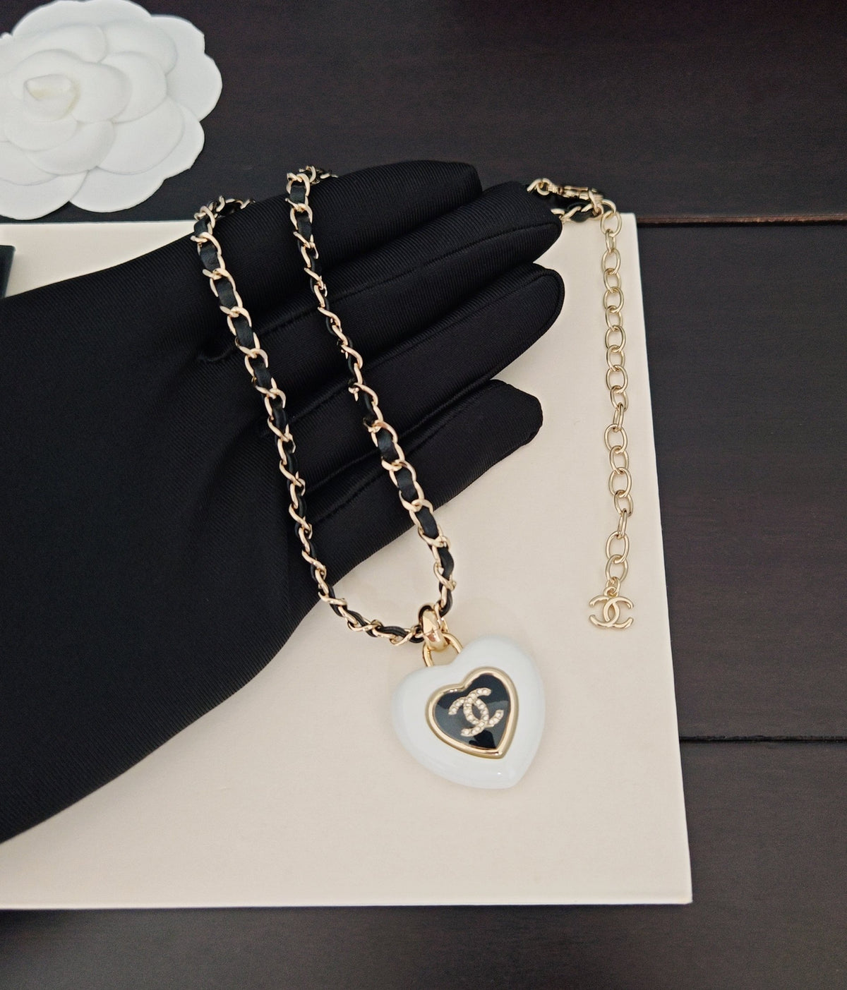 black and white brass heart Necklace for women - product detail view