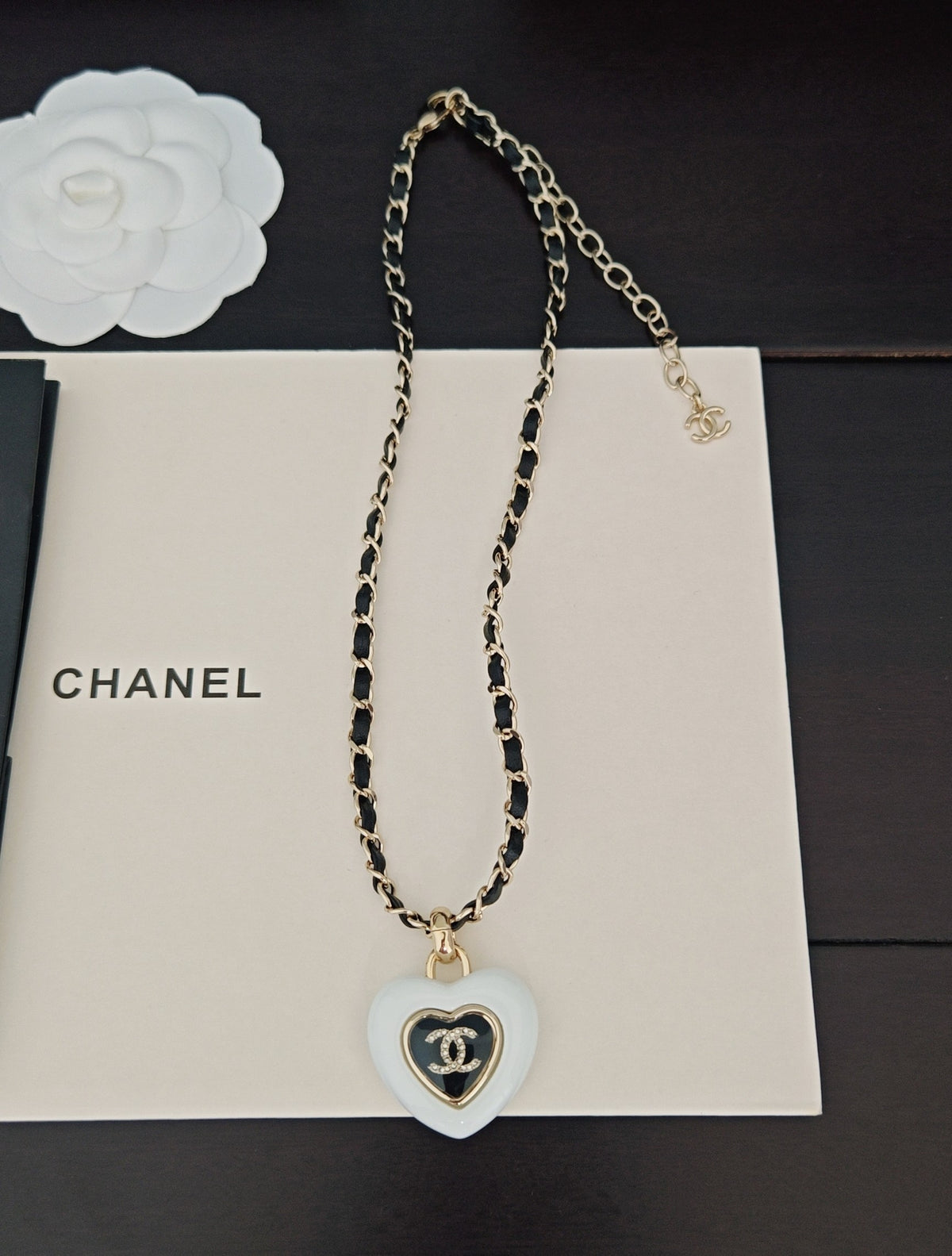black and white brass heart Necklace for women - alternate angle view 6