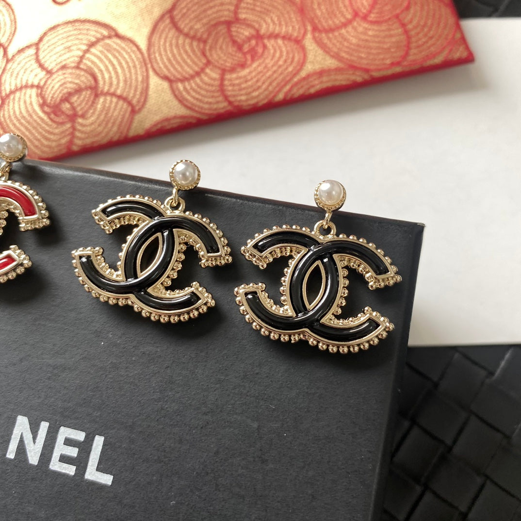 red and black pearl letter Stud Earrings for women - alternate angle view 3