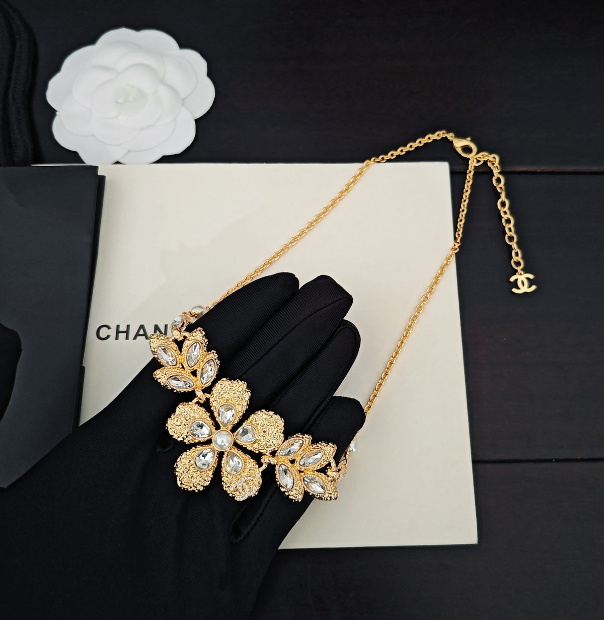 gold brass floral Necklace for women - product detail view