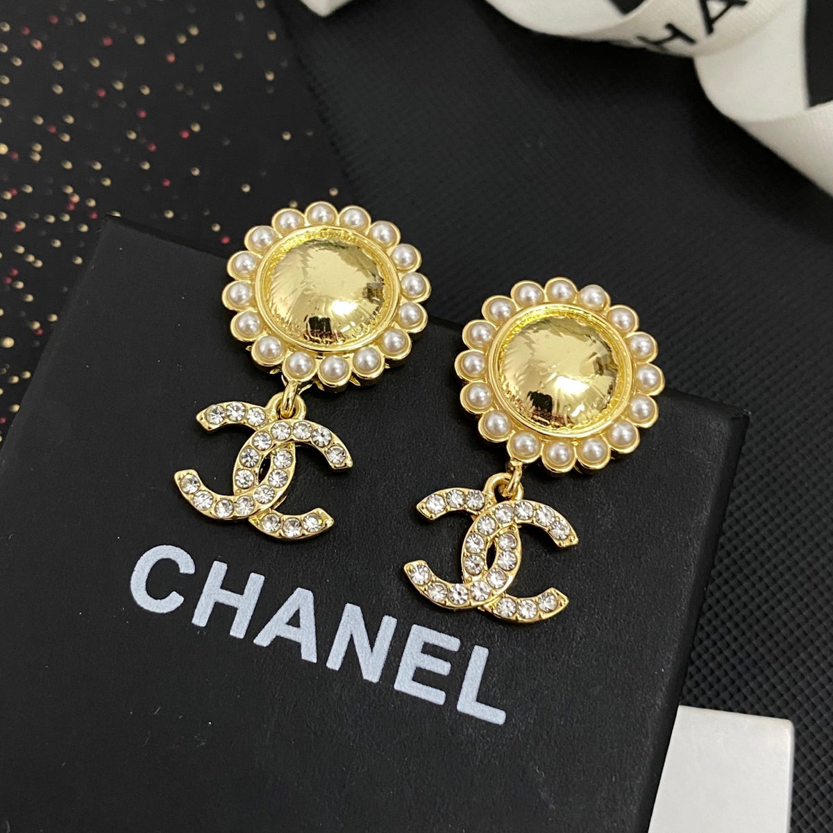 beige pearl floral Drop Earrings for women - product detail view