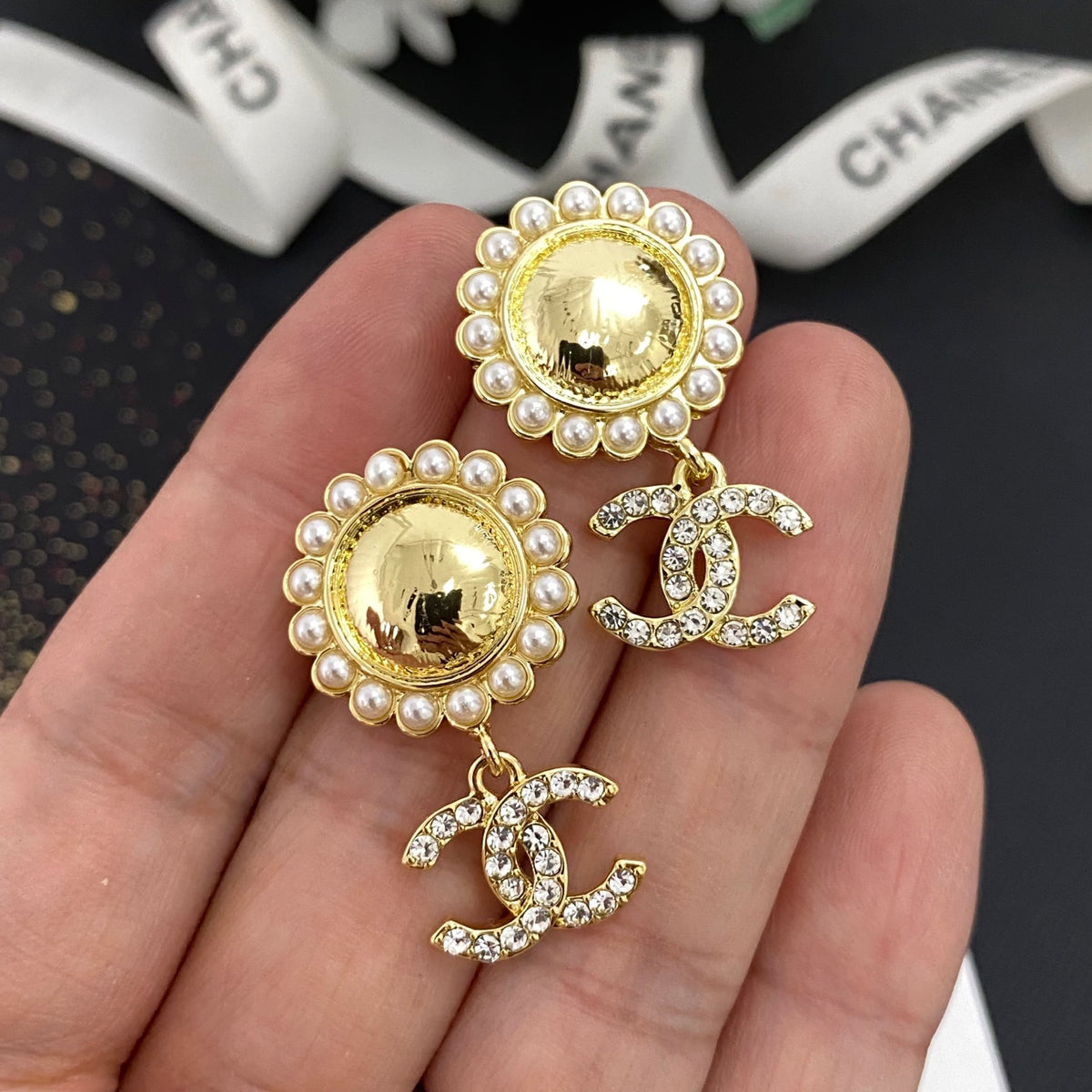 beige pearl floral Drop Earrings for women - alternate angle view 3