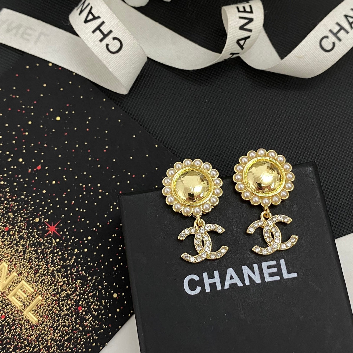 beige pearl floral Drop Earrings for women - alternate angle view 2