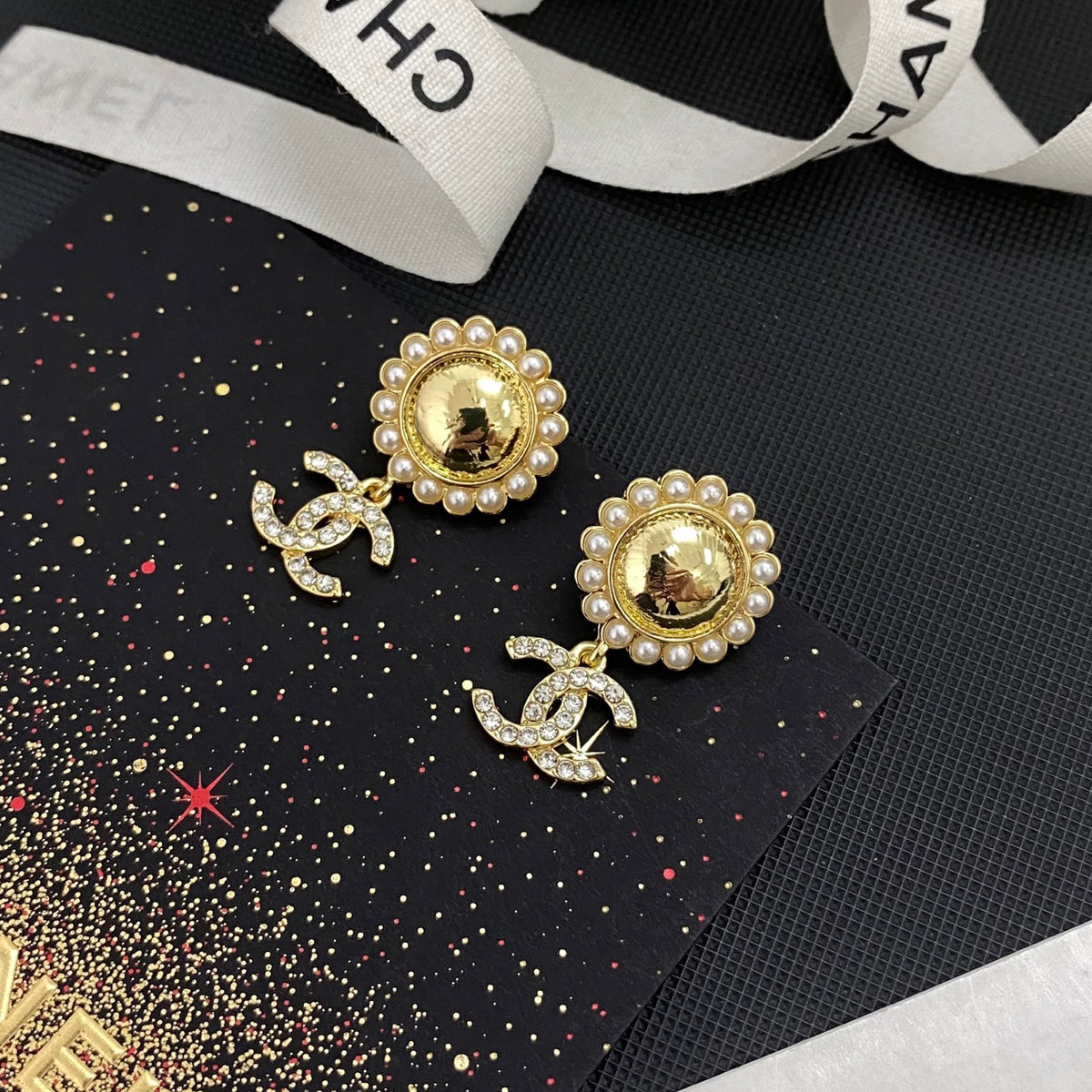 beige pearl floral Drop Earrings for women - alternate angle view 5