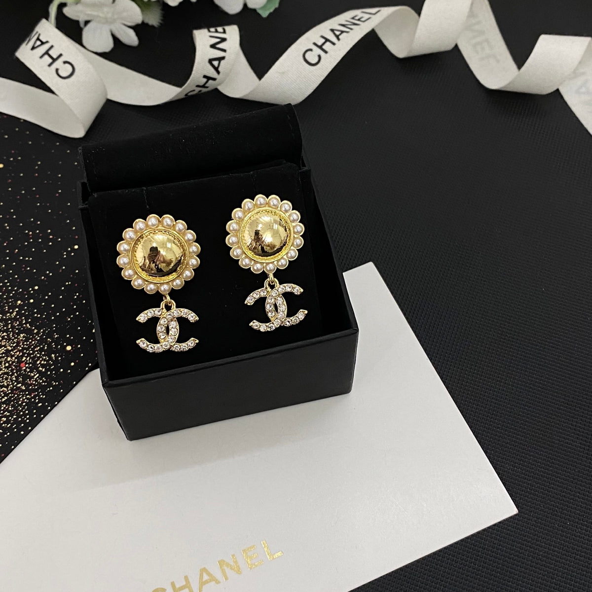 beige pearl floral Drop Earrings for women - alternate angle view 4