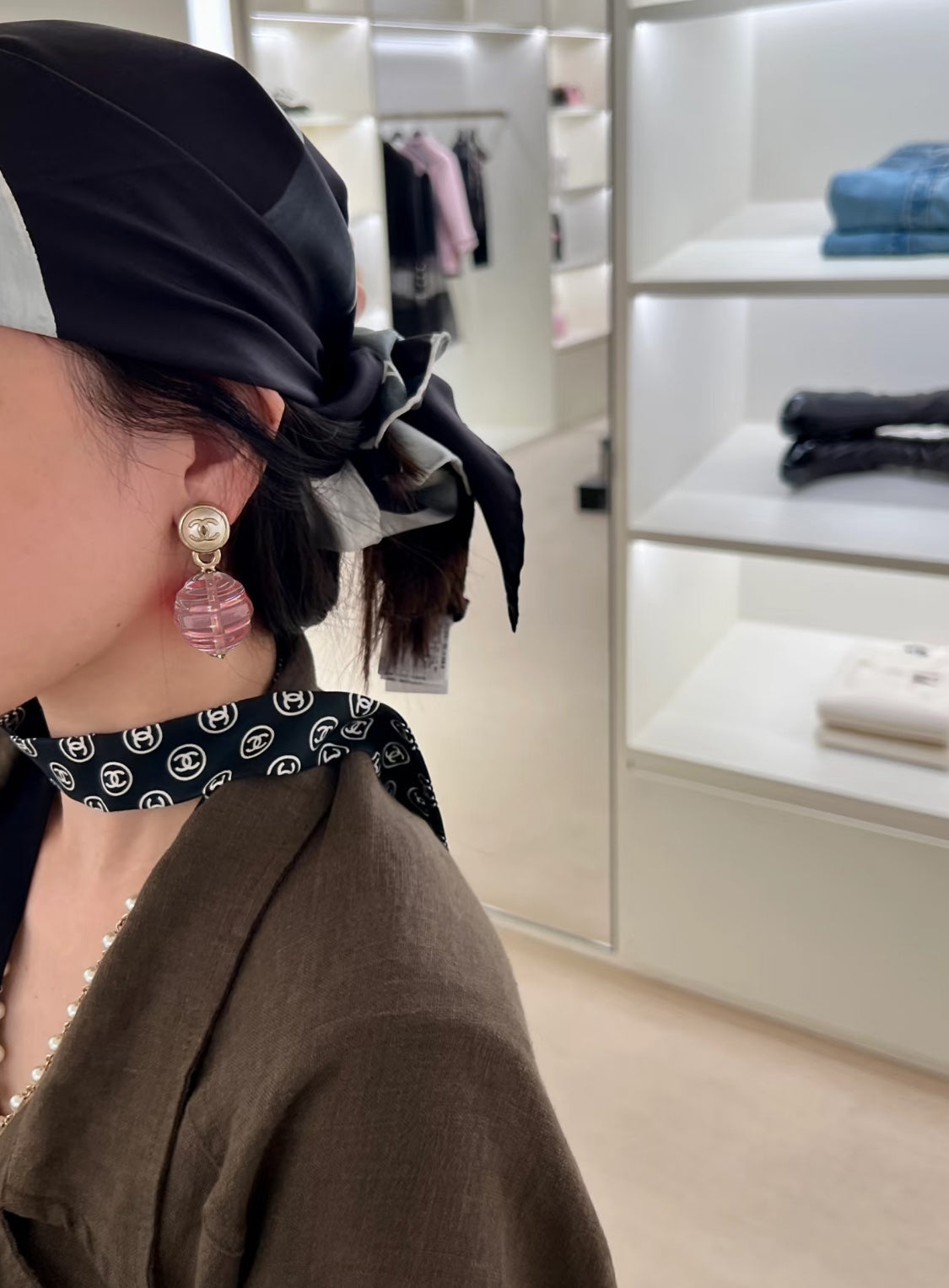 pink pearl letter Drop Earrings for women - alternate angle view 2