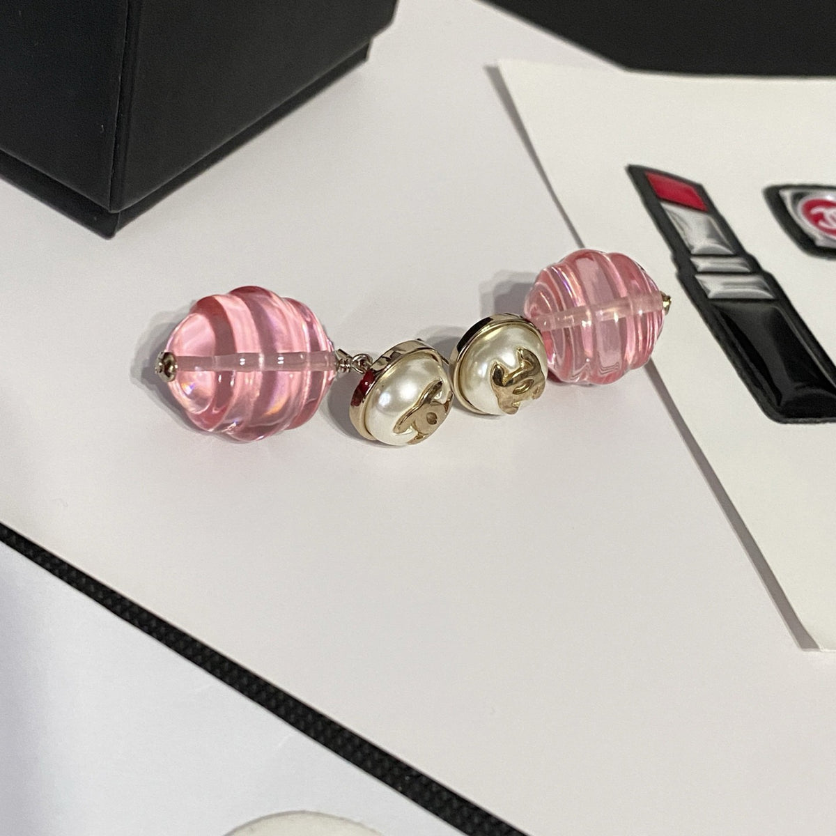 pink pearl letter Drop Earrings for women - alternate angle view 4