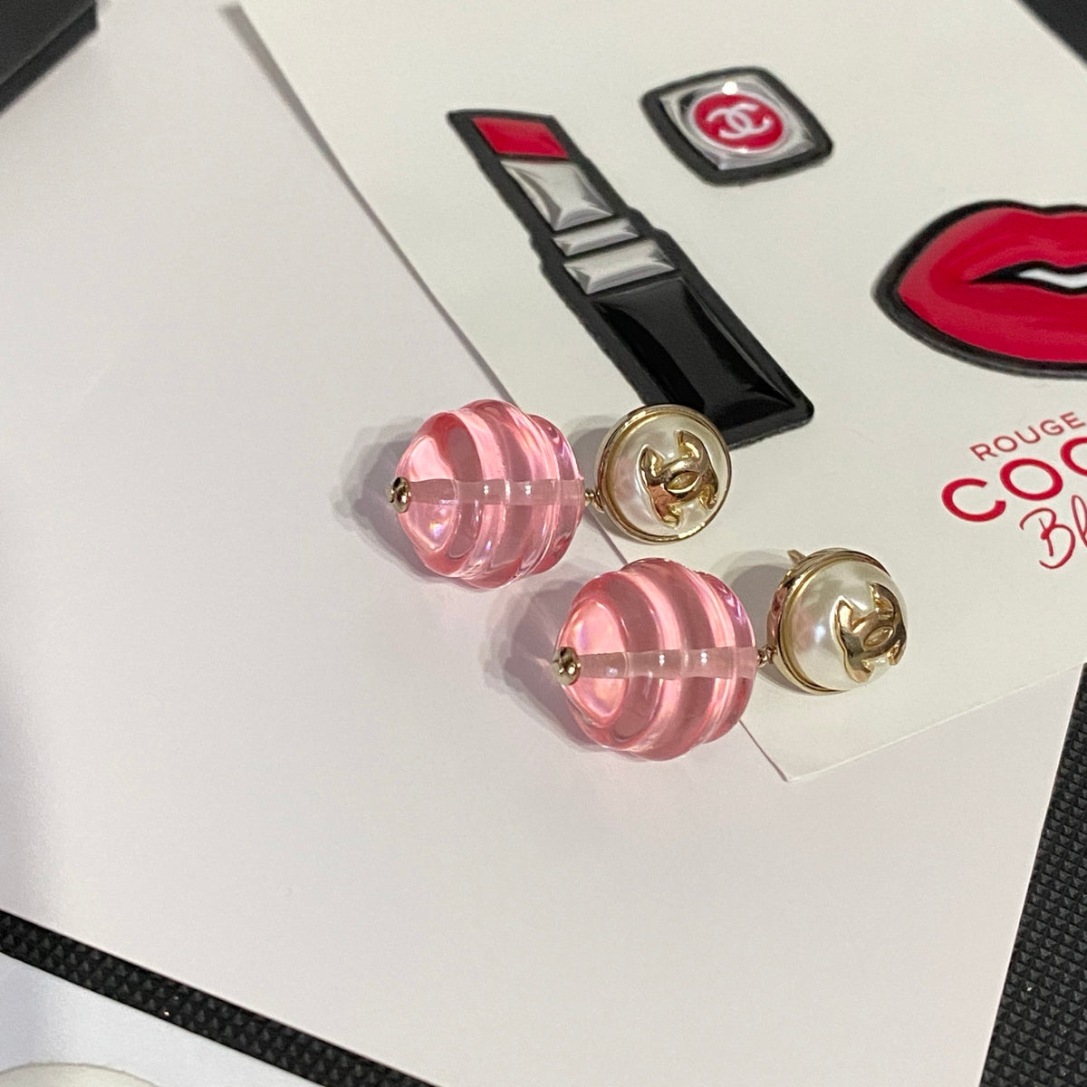 pink pearl letter Drop Earrings for women - product detail view