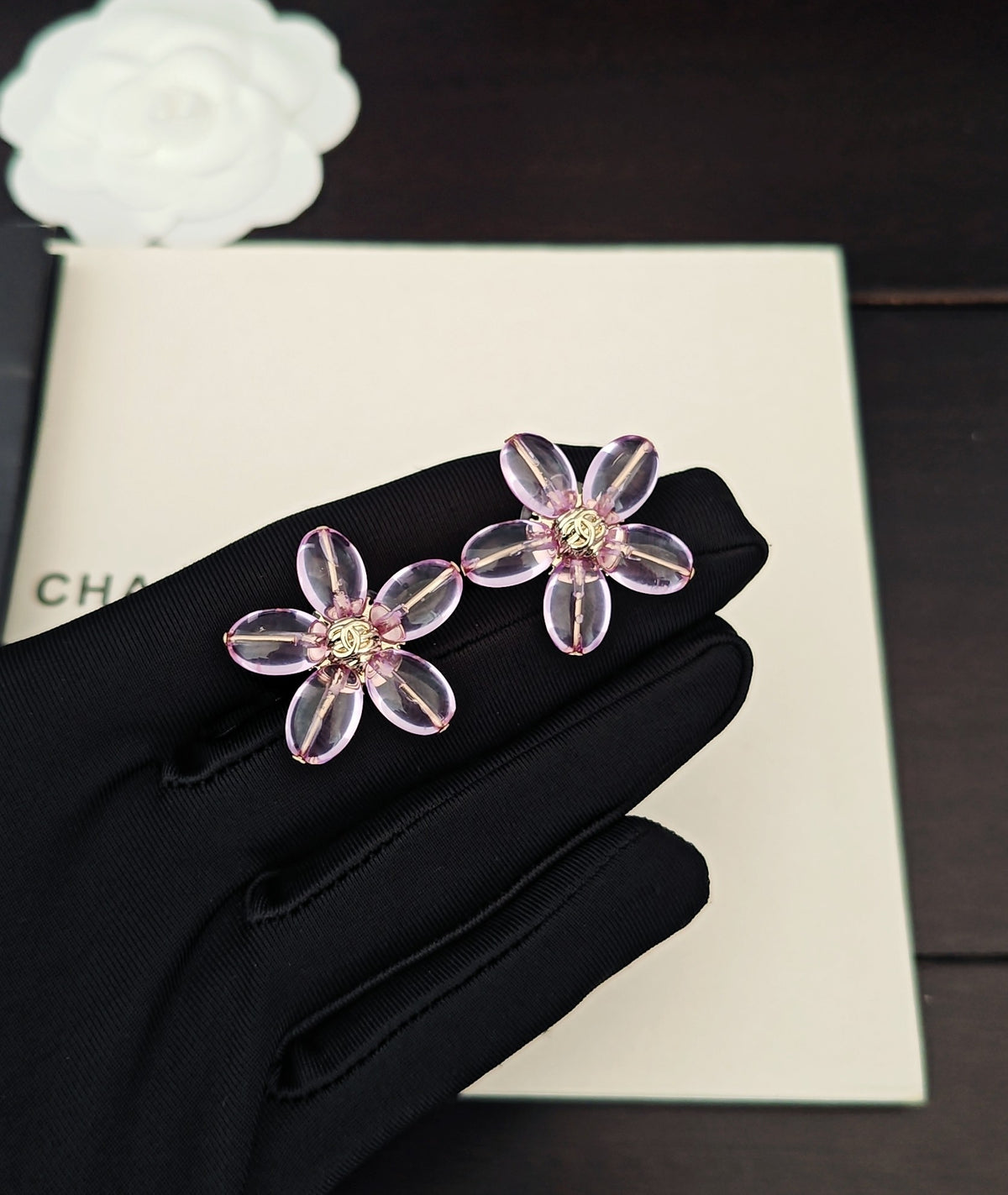 purple brass floral Stud Earrings for women - product detail view